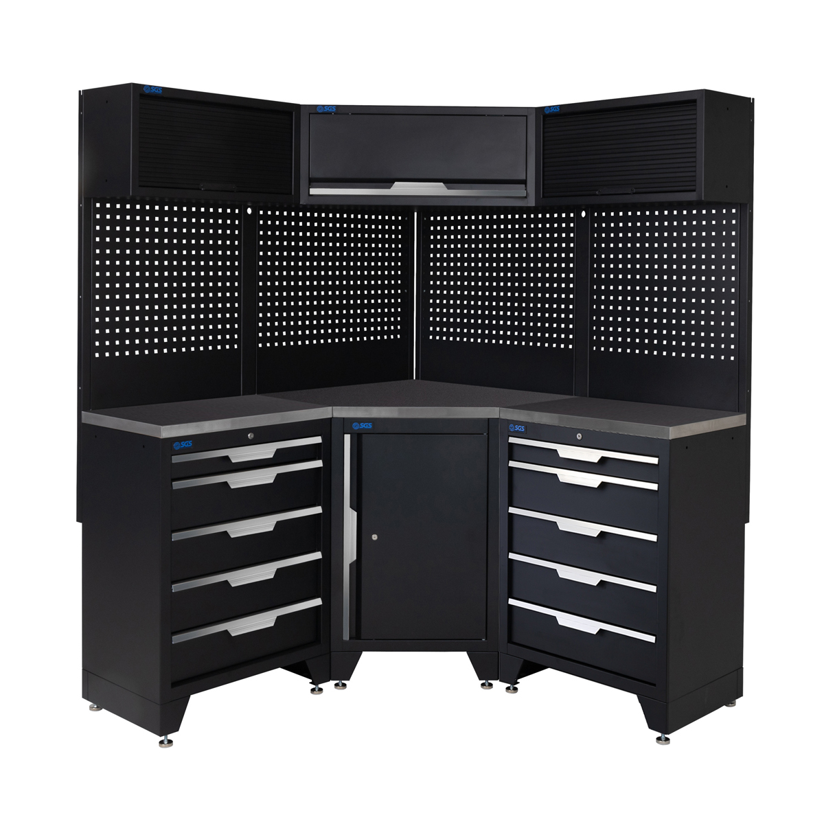 SGS 10pc Corner Garage Storage System | 10 Drawers | Stainless Steel Worktop | Corner Floor Cabinet | 1x Lift-up & 2 Roller Door Wall Cabinets